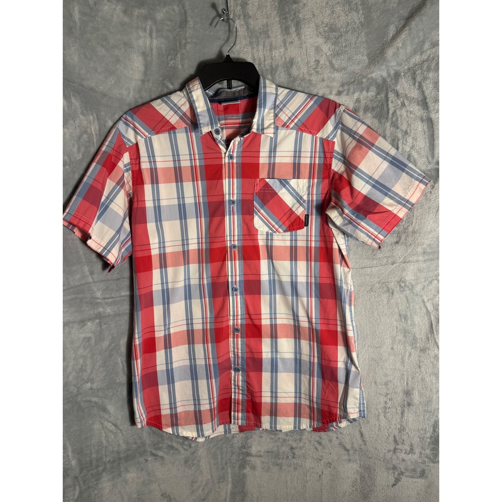 Columbia Mens Short Sleeve Plaid Button Down Shirt Red White‎ Blue Large